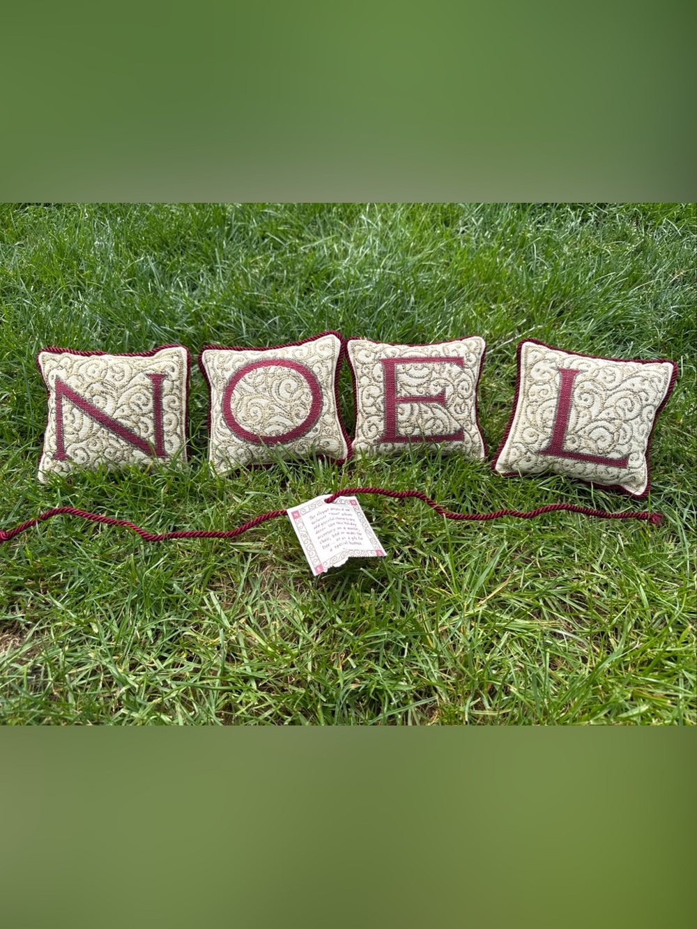 Holiday Decorative tapestry Pillow decor NOEL– Ivory and Burgundy gold trim